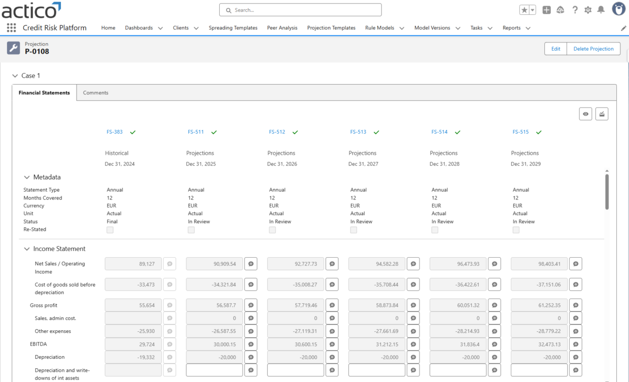 ACTICO Financial Statement Analysis Create Projections