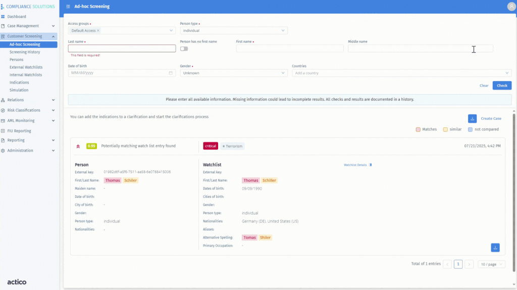 ACTICO Compliance Solutions - Customer Screening