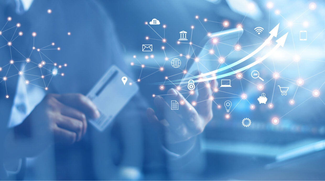 ACTICO Header Mobile banking network, online payment, digital marketing. Business people using mobile phone with credit card and icon network connection on dark blue virtual screen background, business technology.