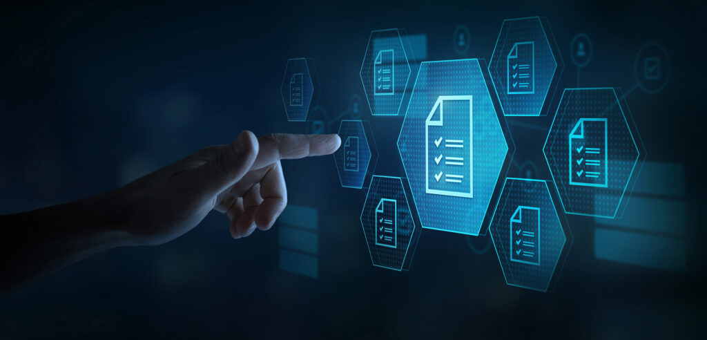 ACTICO Header compliance rules and law regulation policy on virtual screen, checkbox lists, compliance concept