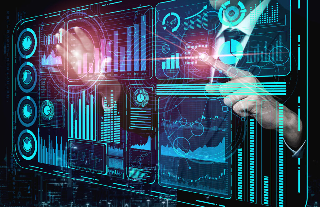 ACTICO Header Big Data Technology for Business Finance Analytic Concept. Modern graphic interface shows massive information of business sale report, profit chart and stock market trends analysis on screen monitor.